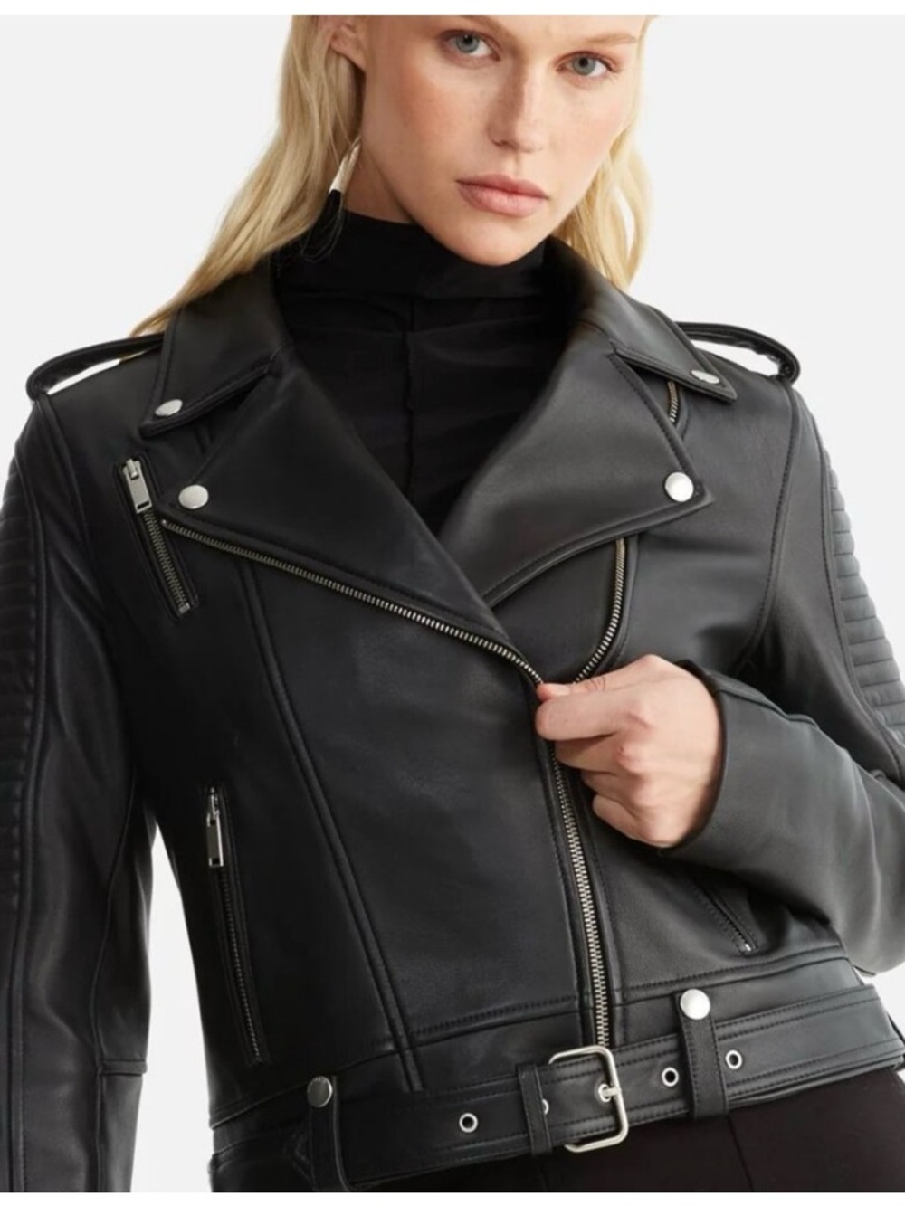 Ena Pelly Black Leather Biker Jacket with Belt